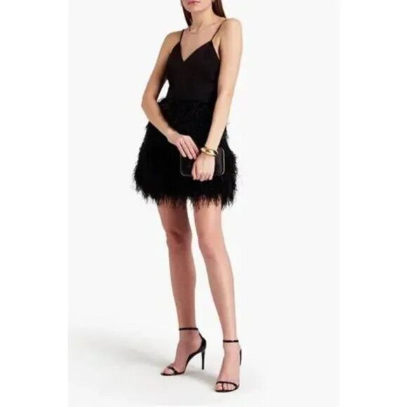 Alice + Olivia Black Milany Spaghetti Strap Ostrich Feather Party Dress - Picture 2 of 13
